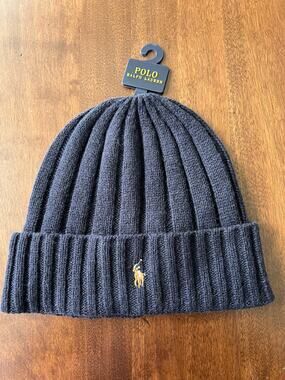 Polo Ralph Lauren Beanie Mens Navy Flesh Pony Wool Blend Rib Knit Cuff NEW